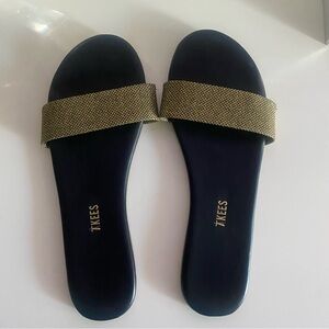 TKEES Black and Gold Slide Sandals Minimalist Design